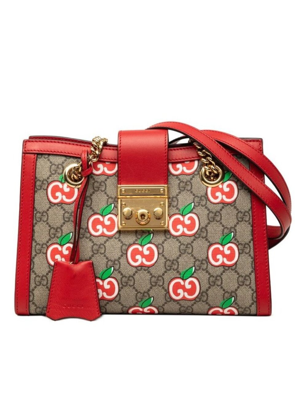 Gucci GG Supreme Padlock Apple Motif Shoulder Bag Chain Beige Red Leather